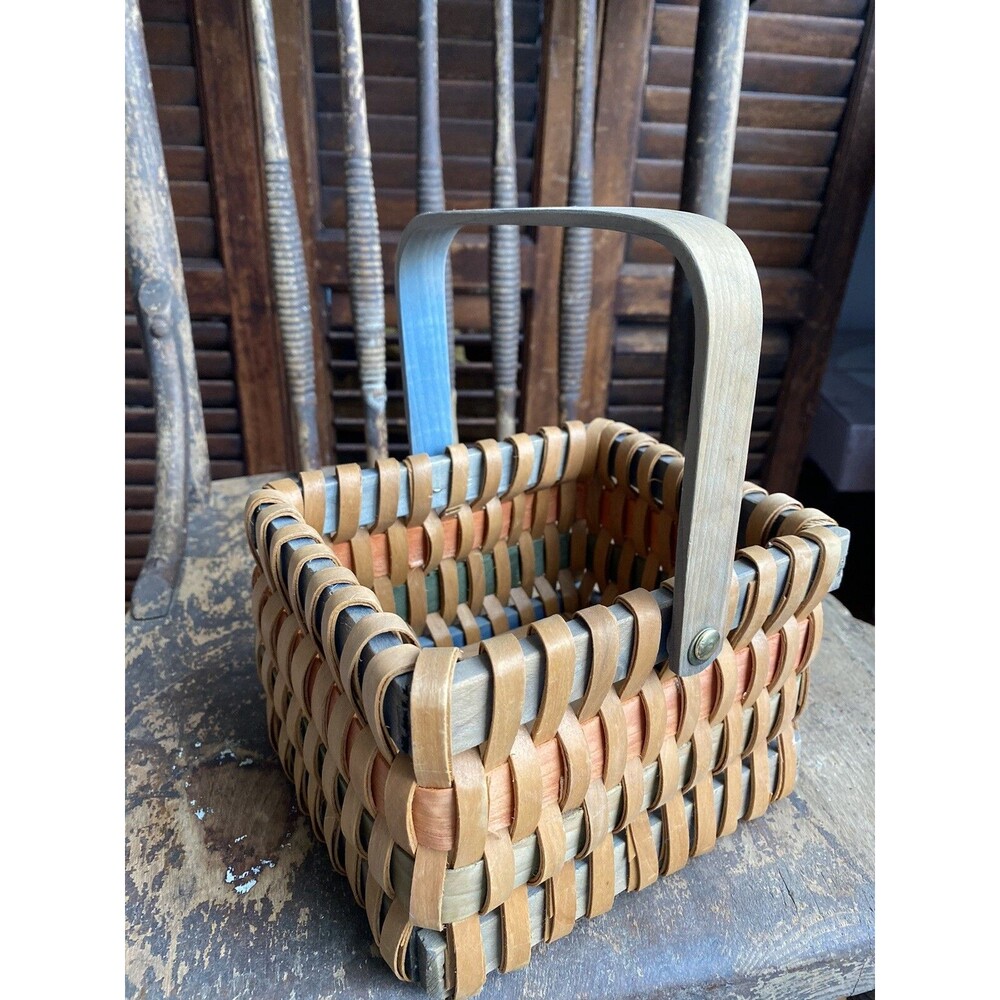 Gorgeous vintage square colorful basket woven wooden medium size
